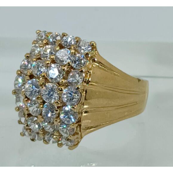 Vintage 1990's Gold Sterling Silver Sim Diamond CZ Cluster Cocktail Ring Size 7 - Picture 2 of 10